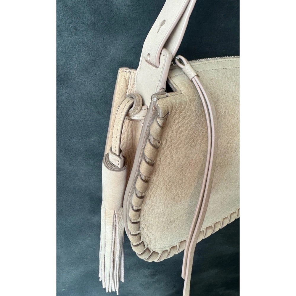 AllSaints Leather Suede Crossbody Bag Beige Tan Tassel Fringe Festival Boho Fall - Picture 4 of 14